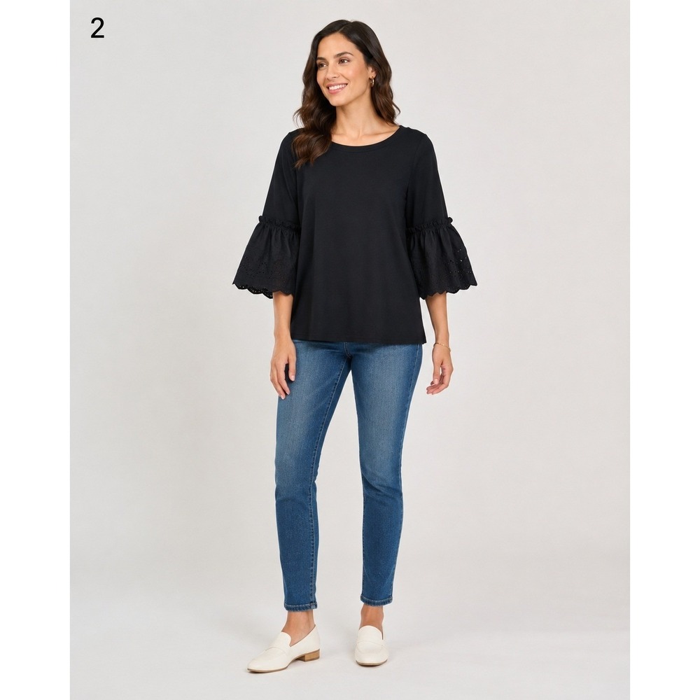 Gibson Peasant Blouse Womens Small Black Rayon Crochet Bell Sleeve NEW